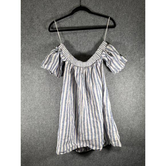 Cynthia Rowley Dress Women XS Blue‎ Striped Off The Shoulder Smocked Mini Linen - Picture 5 of 6